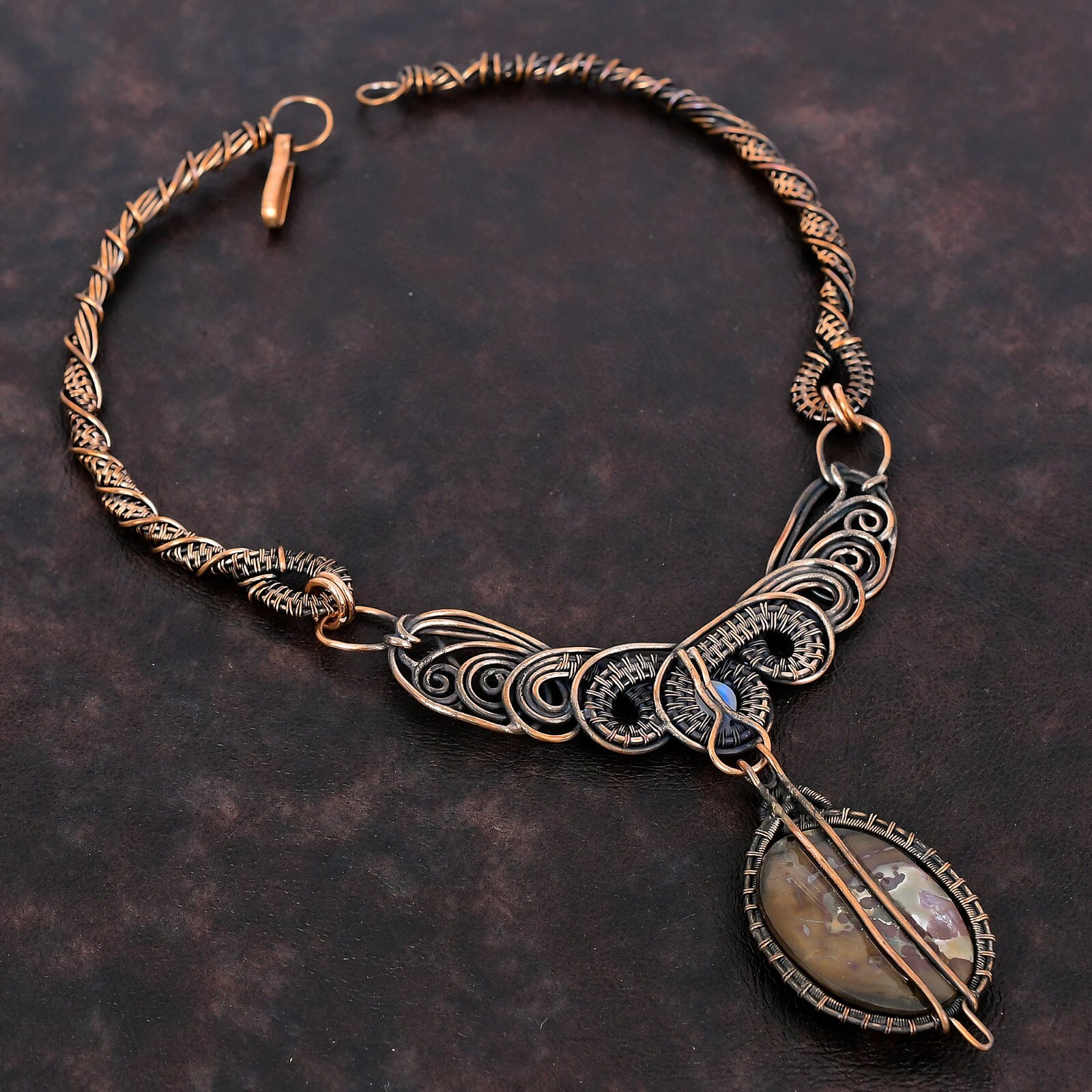 Gift For Her Moroccan Mud Crack Fossil Wire Wrapped Chain Necklace Copper 18.0″