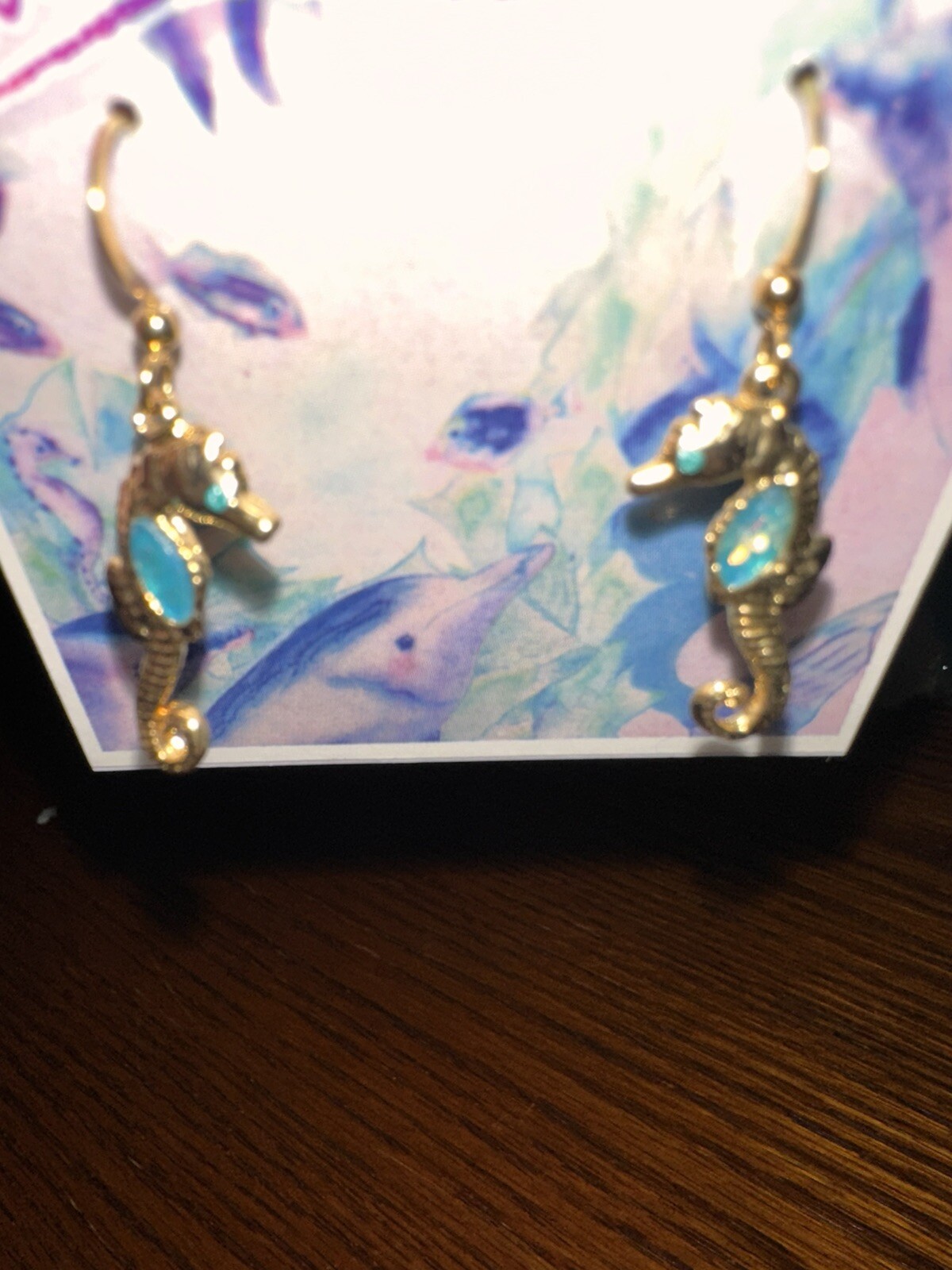 Lightshine Sea Gems Brass Hook Earrings Layered With 14K Gold Seahorses NEW