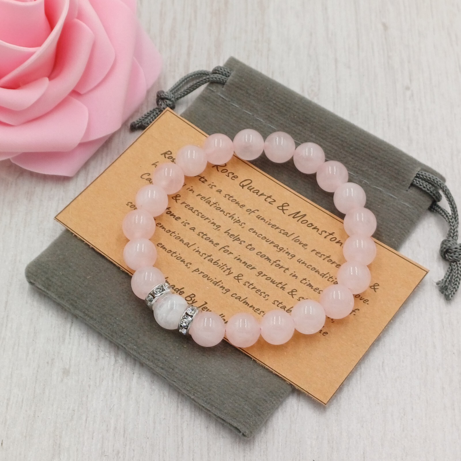 ROSE QUARTZ & MOONSTONE Bracelet Handmade Crystal Healing Gemstone Bead 6/8mm