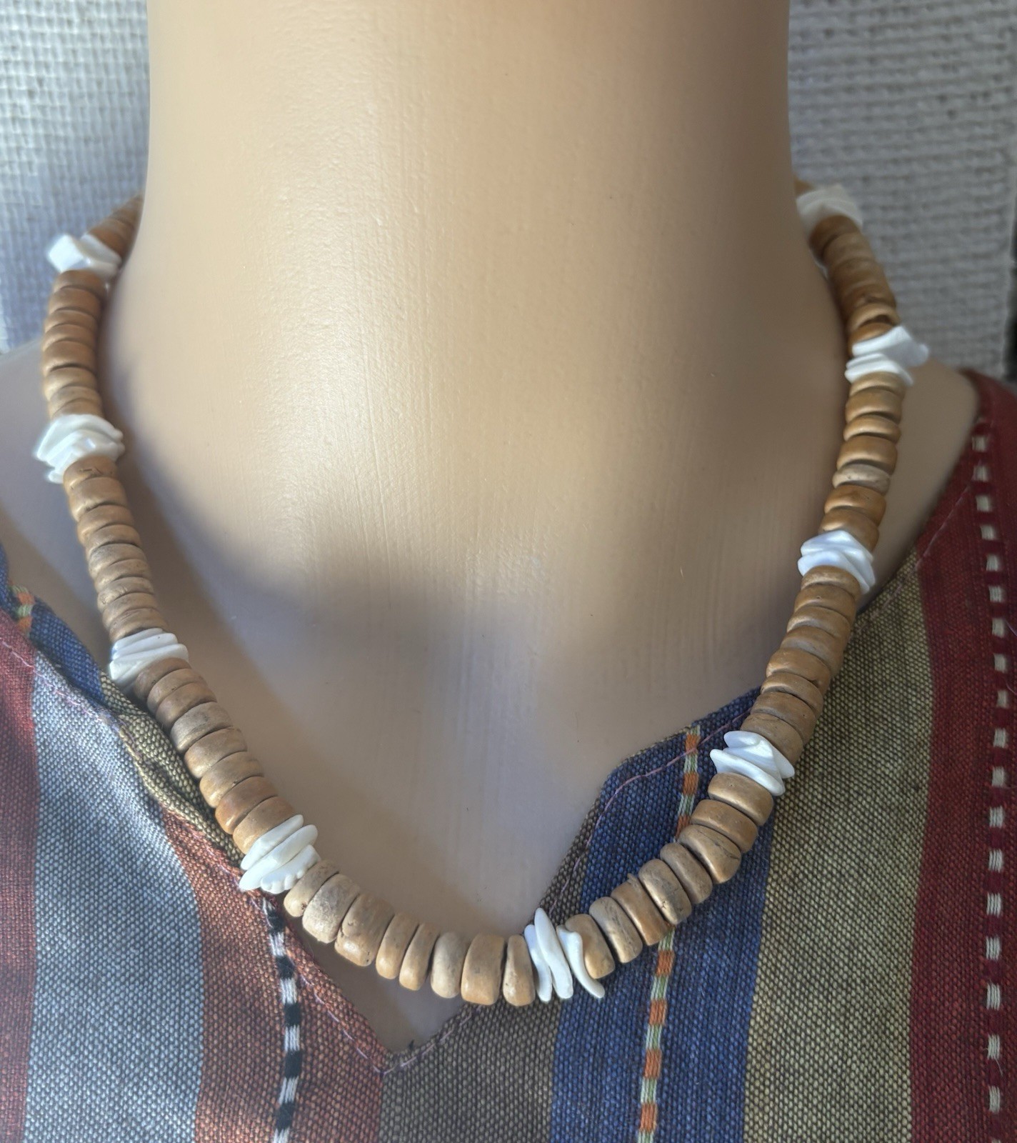 Shell Heishi Beaded Choker Necklace Brown White Ball/Bead Chain