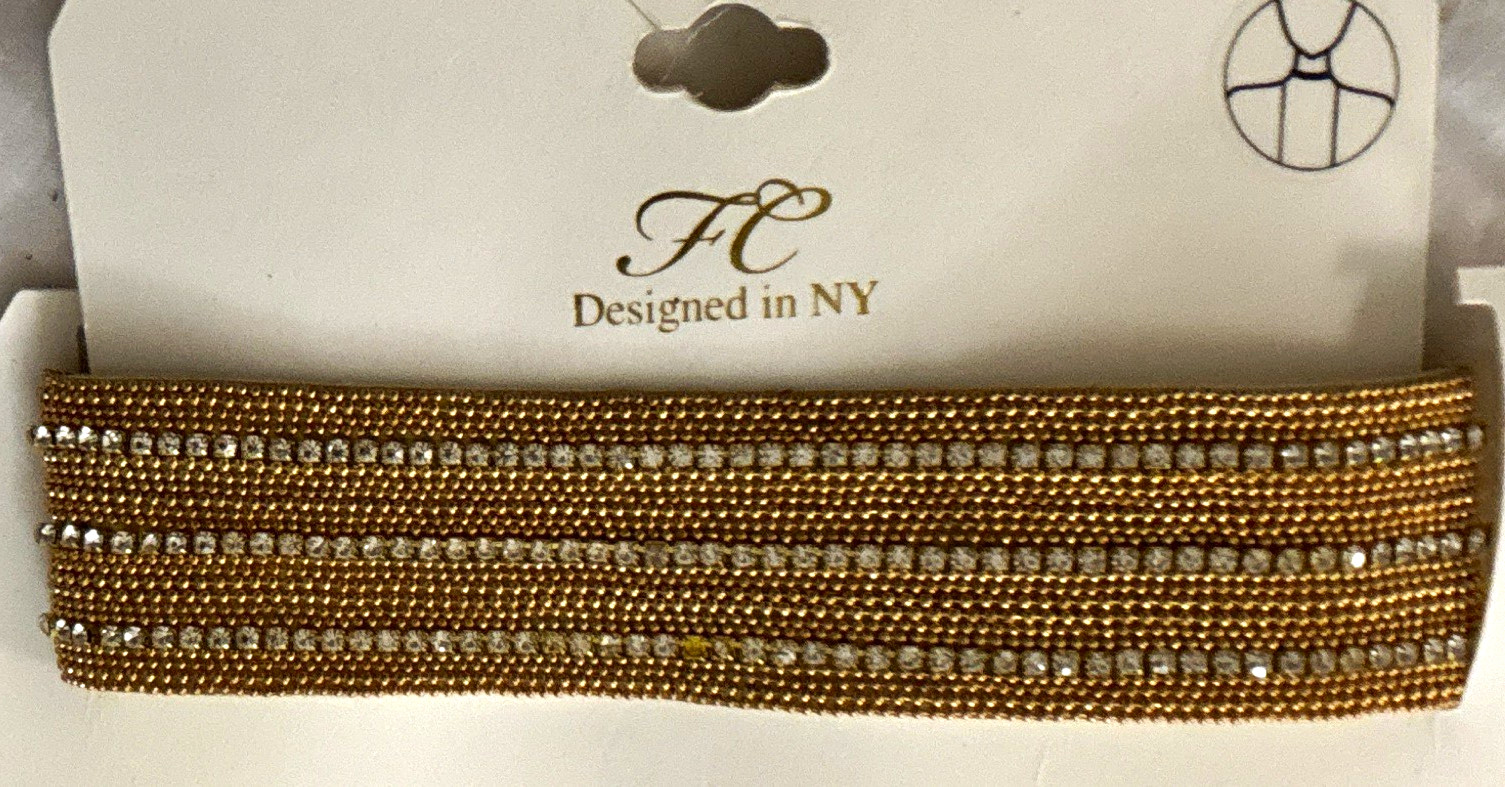 Gold Tone Multi-Strand Rhinestone Wide Choker Necklace