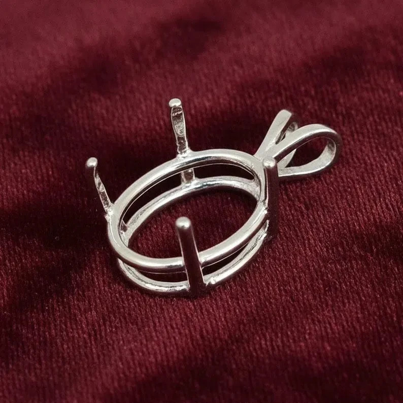 925 Sterling Silver 8x12mm Oval Cabochon Pendant Bezel Prong DIY Jewelry
