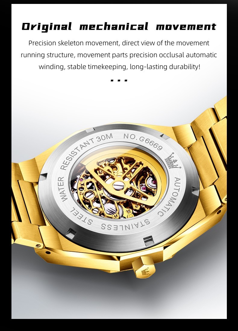 OLEVS 6669 Classic Multi-functiom Rhinestone Hollow Out Gents Mechanical Watch