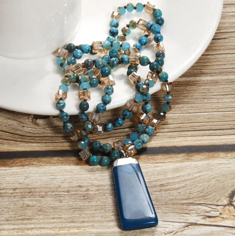 Turquoise Chrysocolla Beaded Necklace with Blue Agate Pendant 19″ *NEW* Stone