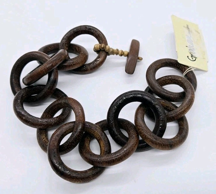Faux Wood Style Bracelet Graham Design Circle Link Toggle 9.5 in Hippy Hippie