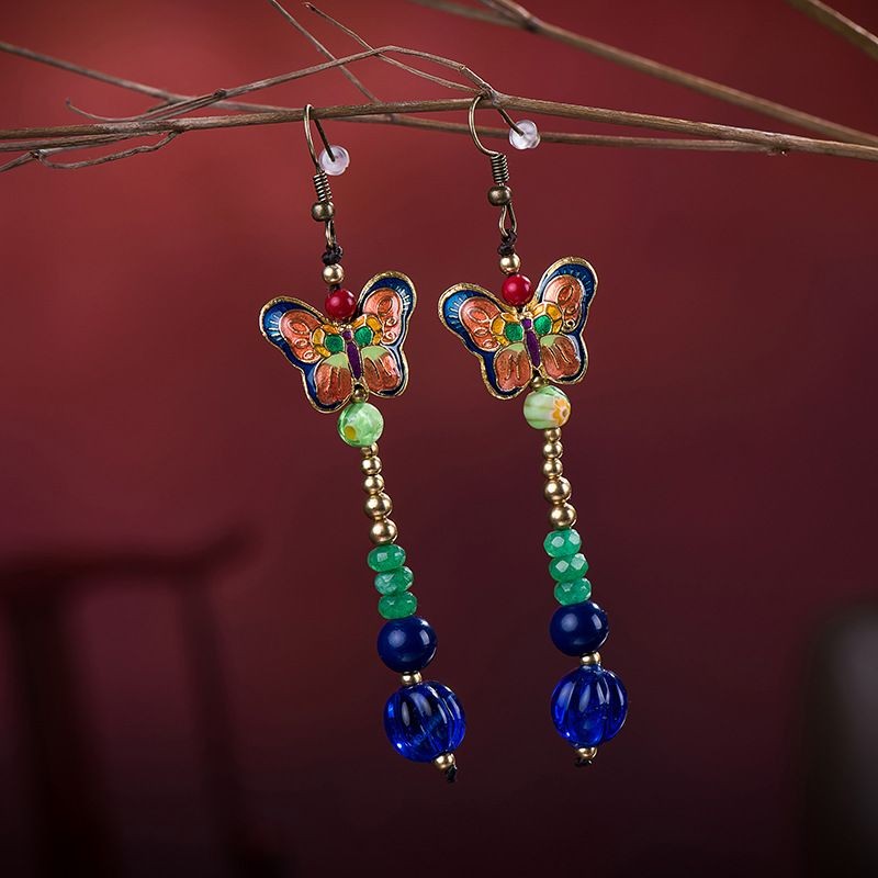 New Enamel Butterfly Earrings Glass Drop Dangle Long Ethnic