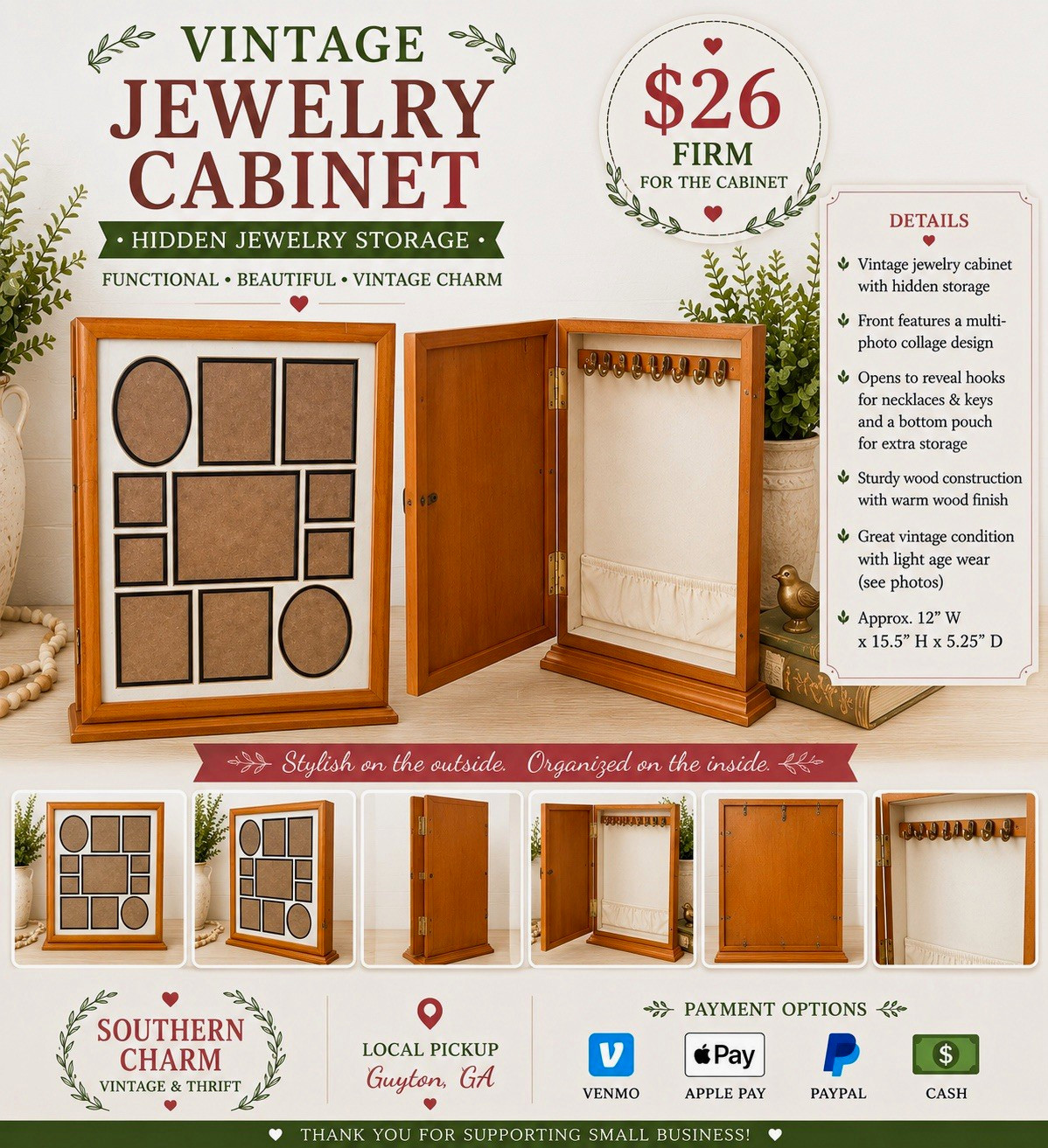 Vintage Wall Mounted Wood Jewelry Cabinet w/ Hooks, Photo Front, 25+ Pieces