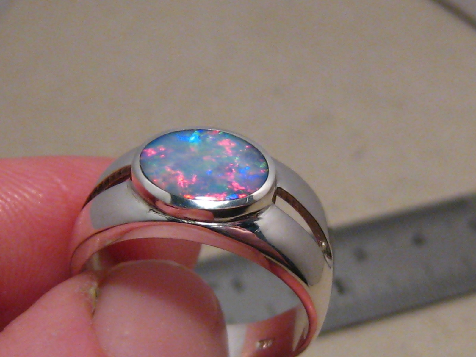 Australian red and blue Opal Ring – sterling silver – size 8 1/2 NO RESIZE