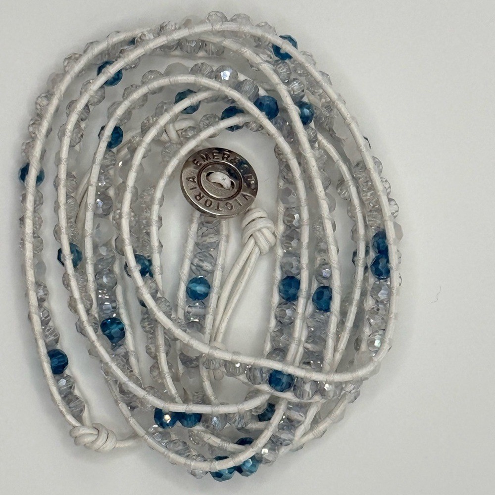 Victoria Emerson 5‑Wrap Bracelet – Iridescent Ice Blue Crystals on White Cord