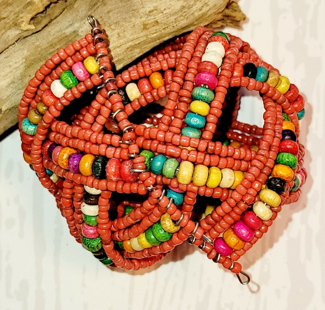 Red/Multi-Colored  Glass & Wood Beaded Cuff Bracelet ,Approx. 7 in.