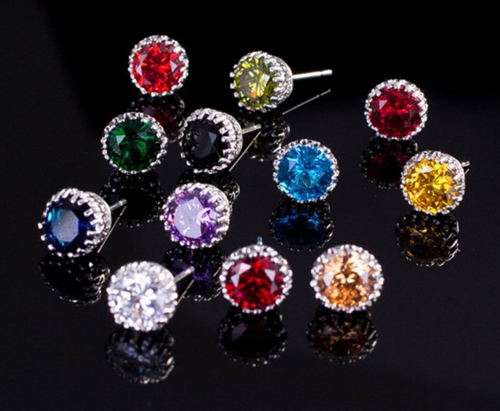 6/8/10mm Men Women Sterling Silver Post Stud Crown Cubic Zirconia Earrings Gift