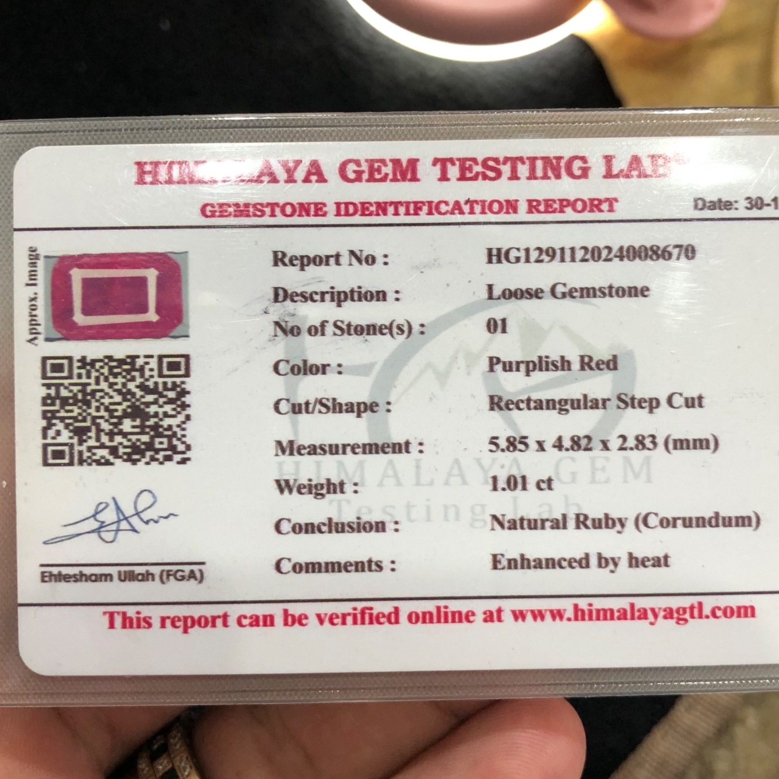 1.01 Ct Natural Ruby Certified Emerald Cut Purplish Red Corundum Loose Gemstone