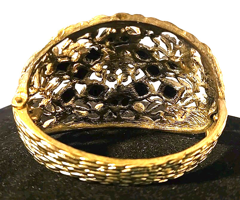 Hinged Bangle Fashion Bling Bracelet with Filgree and Black Rhinestones