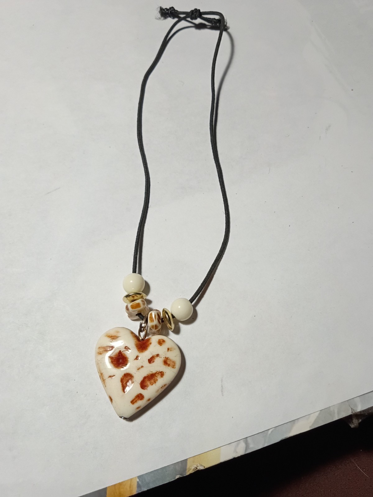 Heart Charm Pendant Necklace, Black Cord Chain with Beads, White Brown Love