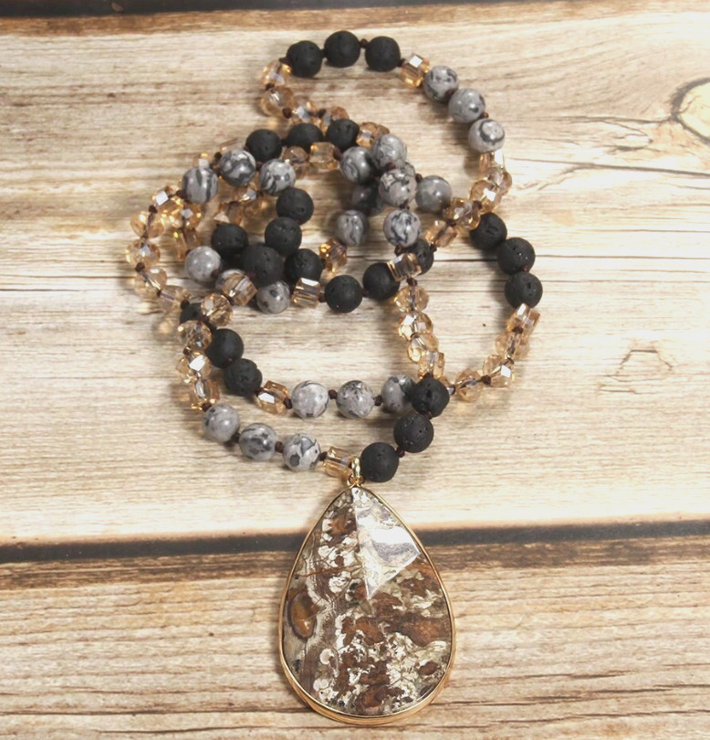 Jasper, Lava Rock & Crystal Beaded Necklace with Pendant 19.5″ *NEW*