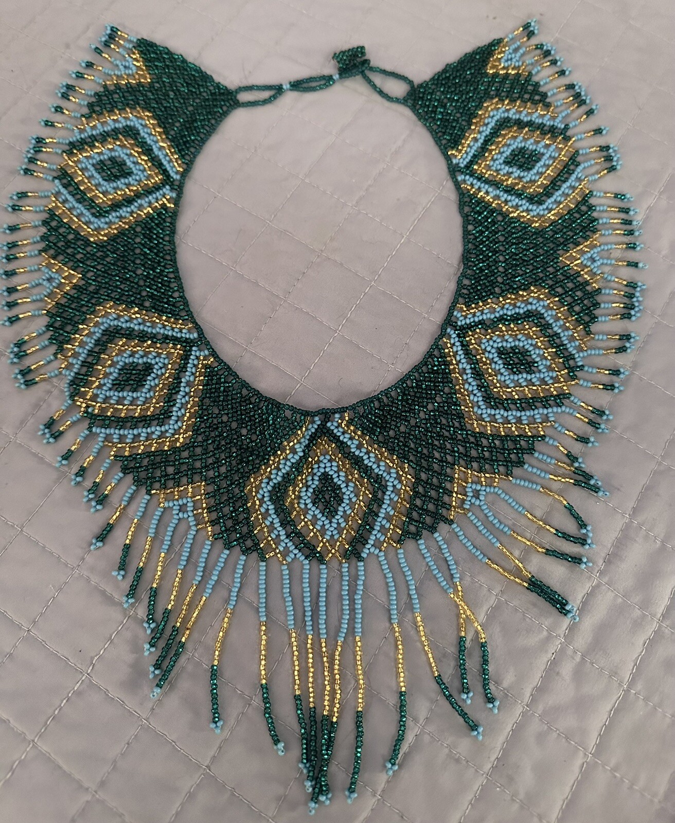 Vintage Bib Blue Green Gold Seed Bead Huichol Fringe Necklace See Desc
