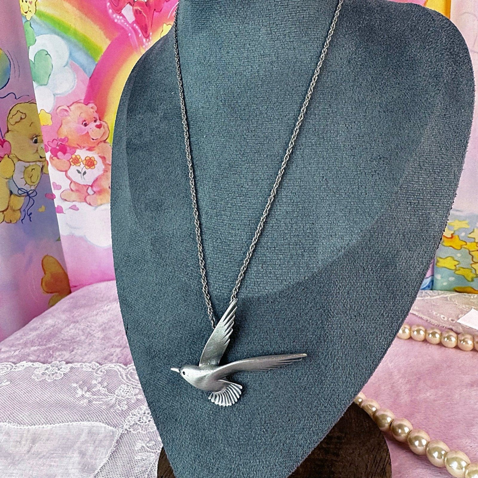 Vintage Pewter Seagull Necklace – Silver Pendant, Coastal Nautical Bird Jewelry