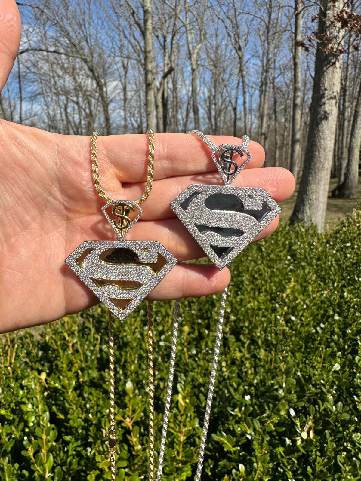 MOISSANITE Real 925 Silver/Gold Plated Iced SUPERMAN Superhero Pendant Necklace
