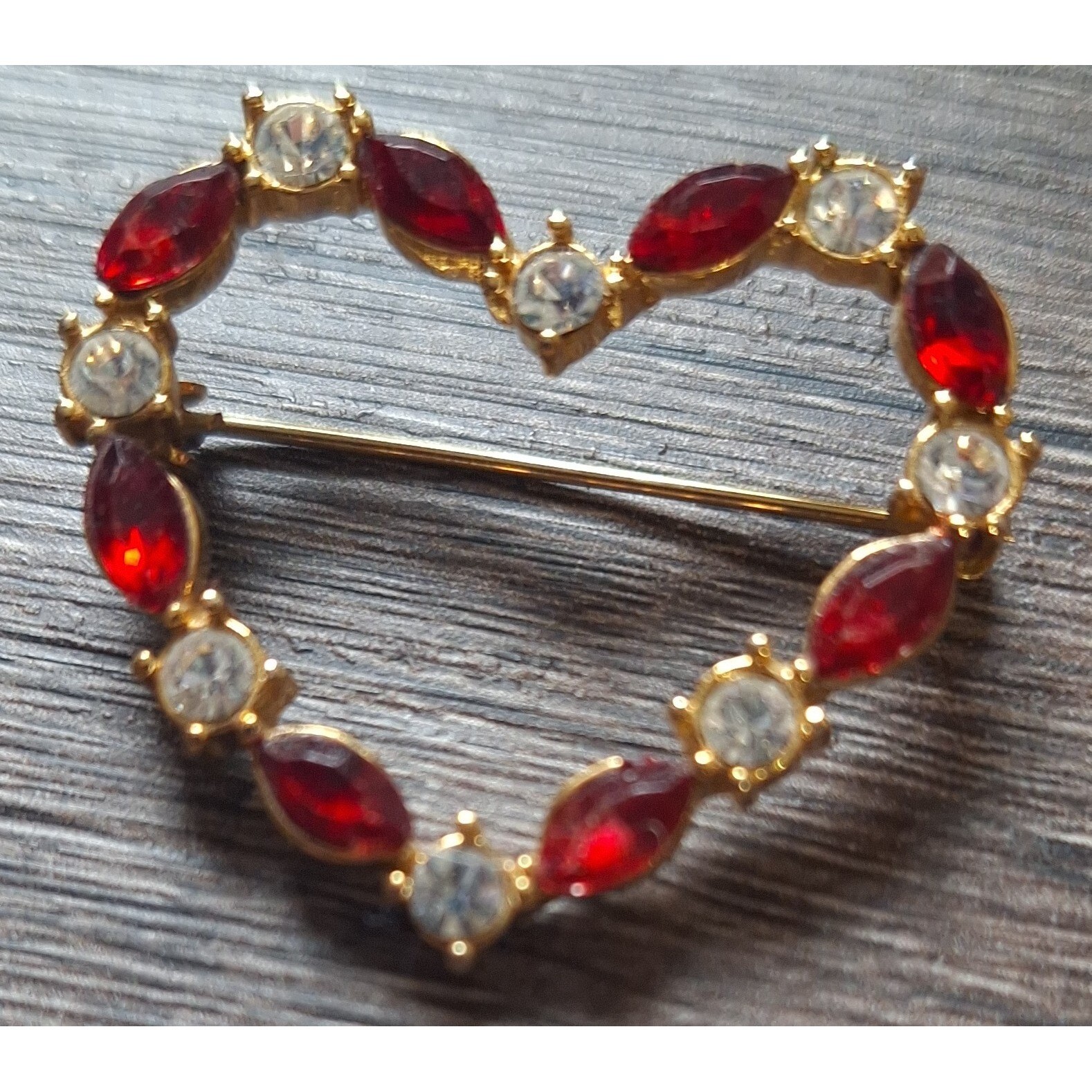 Heart Valentines Red White Rhinestone Pin Broach