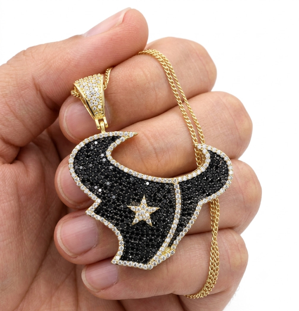 Men’s 1.5ct Black/White Real Moissanite Houston Texans Pendant 925 Silver GIFT