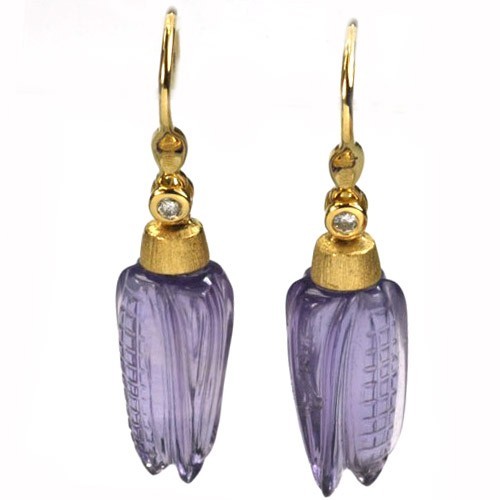 De Buman 13.43ctw Genuine Amethyst & Diamond Solid 18K Yellow Gold Earrings