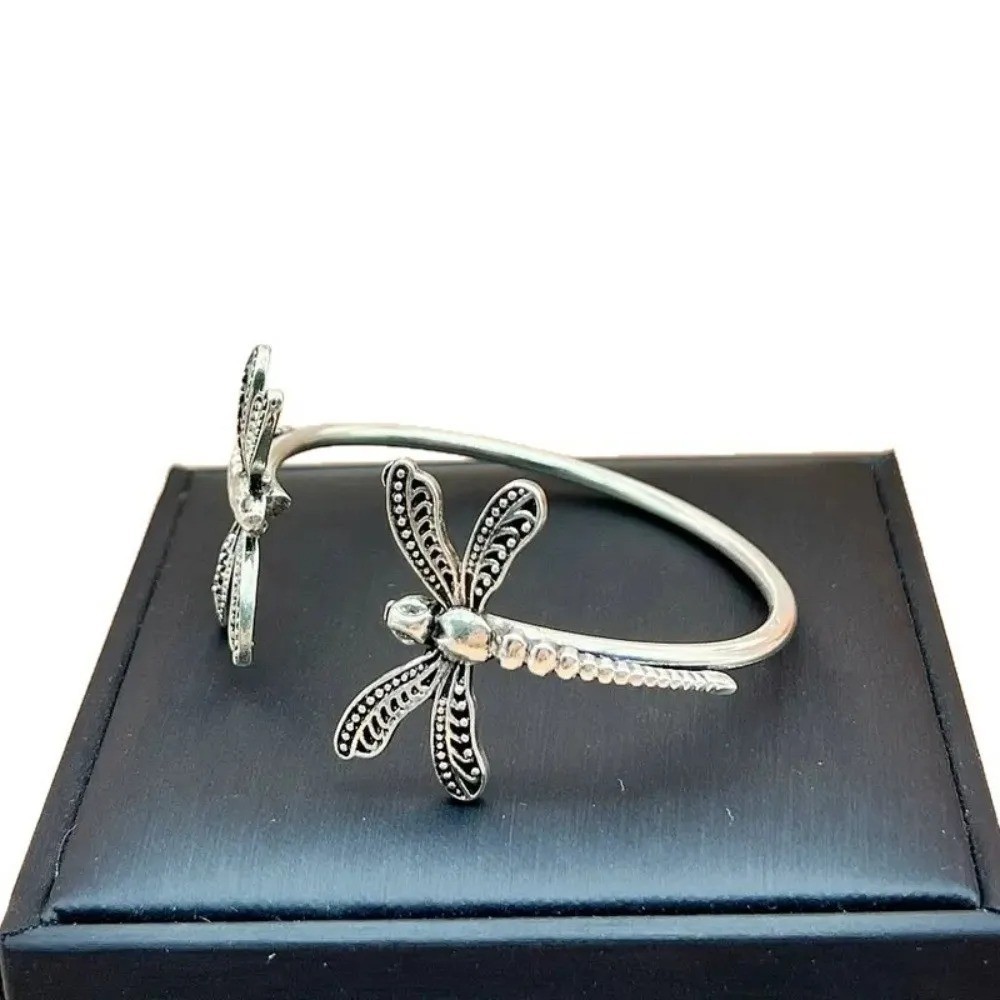 Boho Dragonfly Open Cuff Bracelet Silver Tone Adjustable Metal Bangle for Women