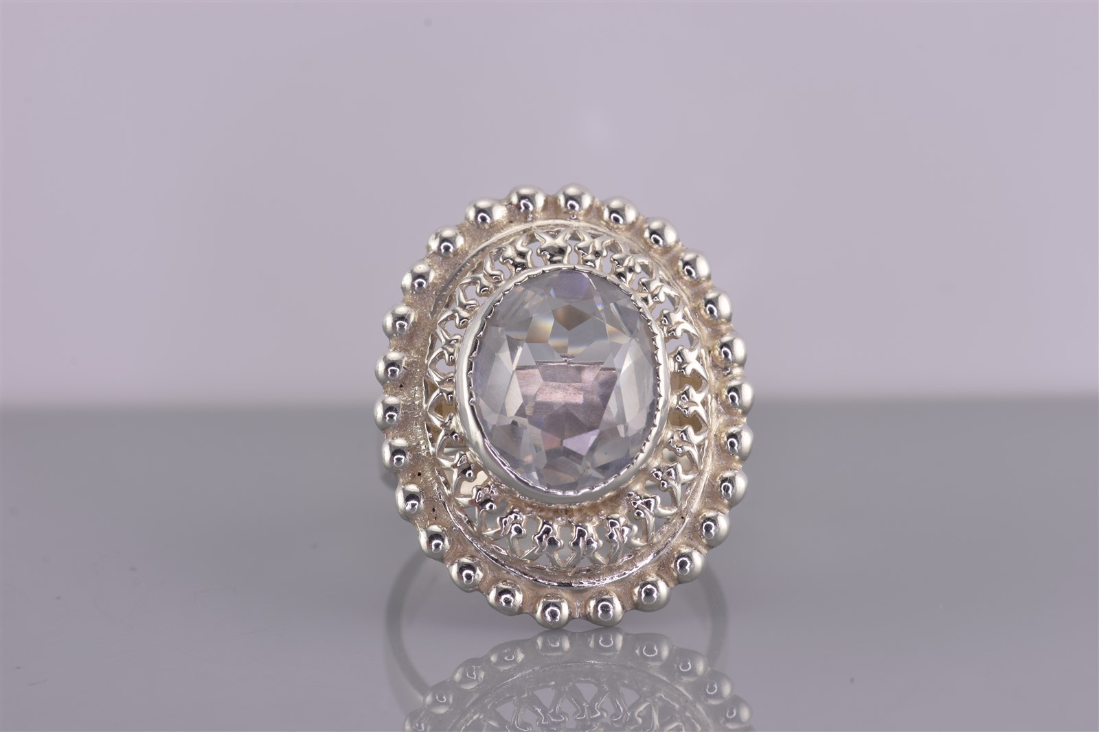 Sterling Silver Beaded Oval Raised White Topaz Statement Band Ring 925 Sz: 6