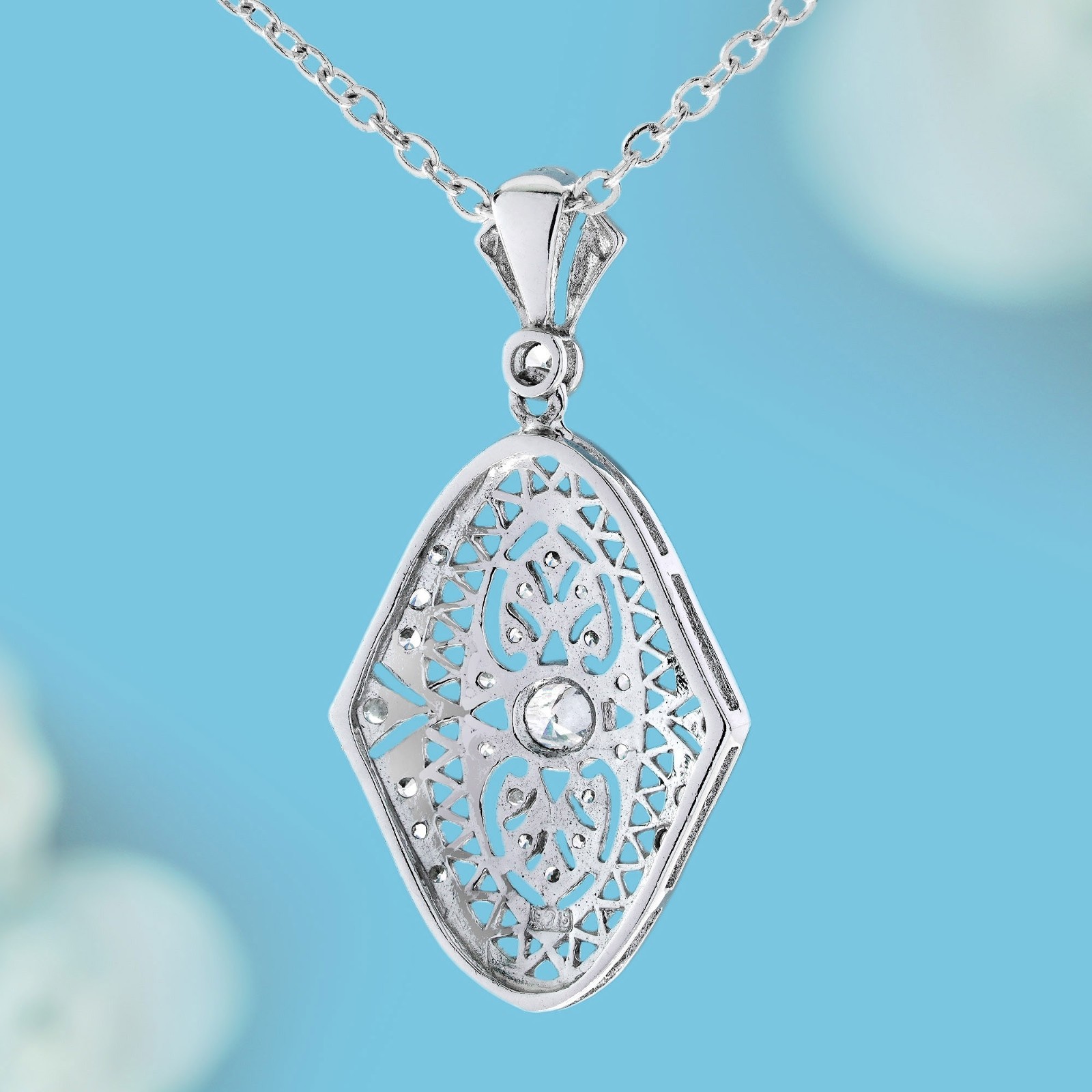 White Gold Diamond Filigree Pendant Antique Inspired Edwardian Style Necklace
