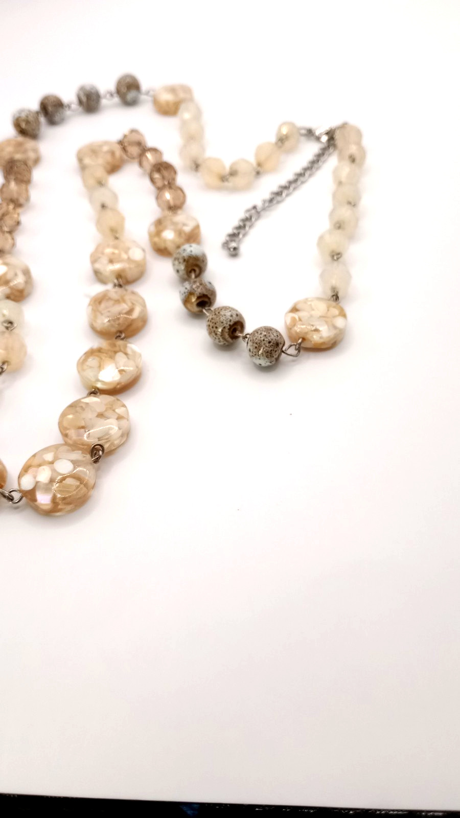 Mother Of Pearl Shell Flat Bead Crystal Necklace Silver Tone 32 to 35 in