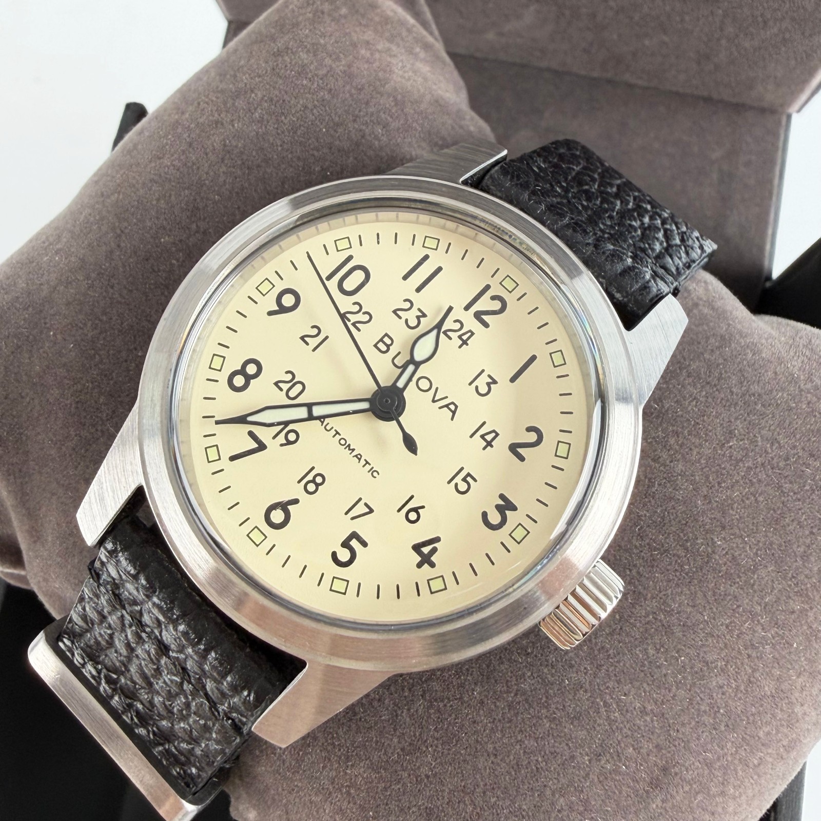New Bulova Men’s Hack Automatic Watch Ivory Dial Leather Strap 96A246 38 mm