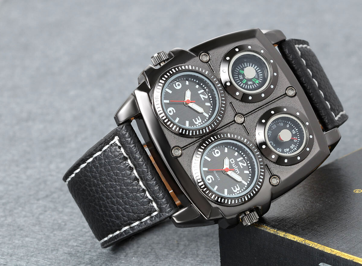 Military Army Dual Time Zones Movements Quartz Watch Black Leather Sports Mens