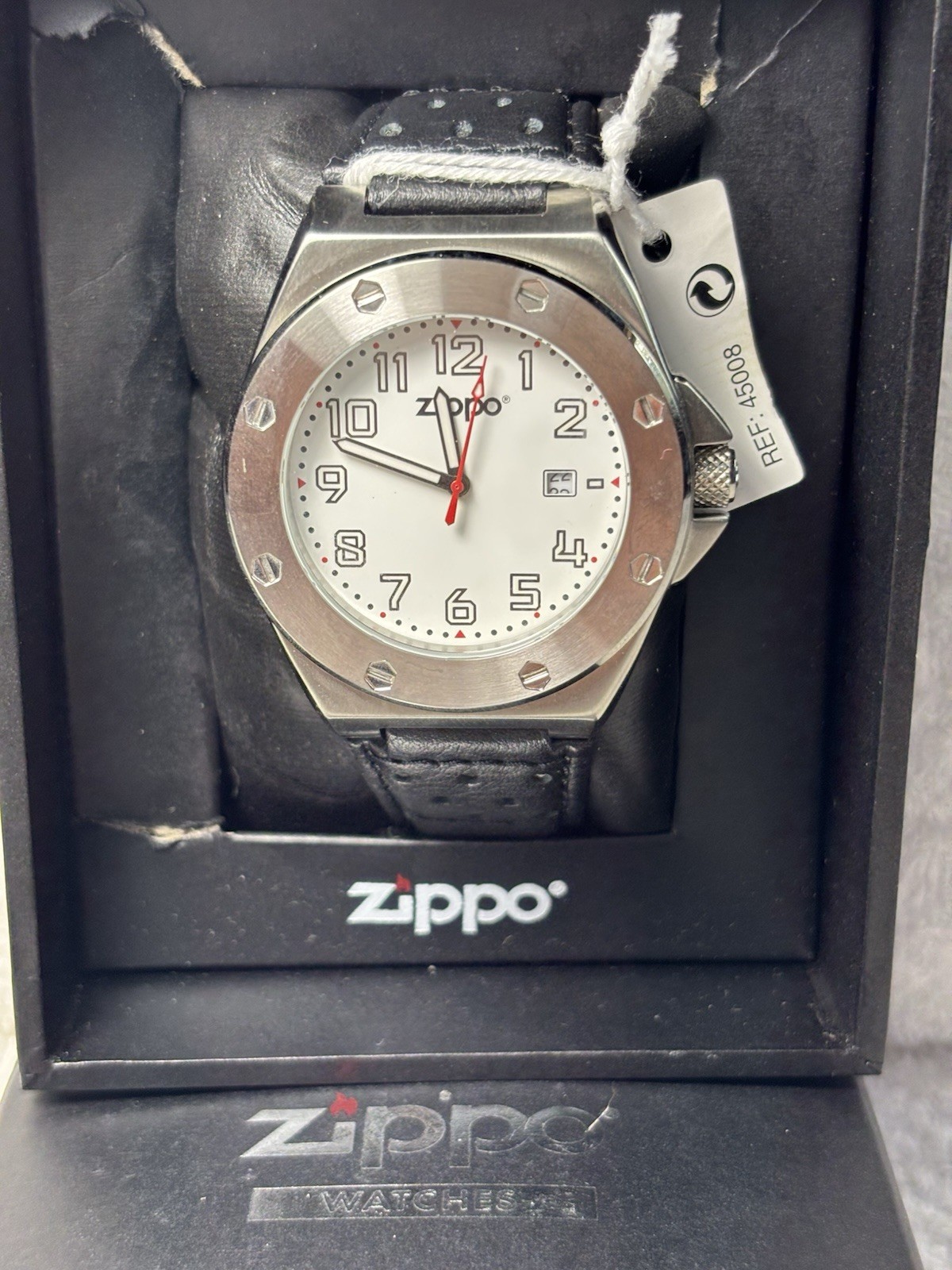 VTG-NOS Zippo 45008RG Black Leather Strap Quartz Movement White Dial Watch-OOP