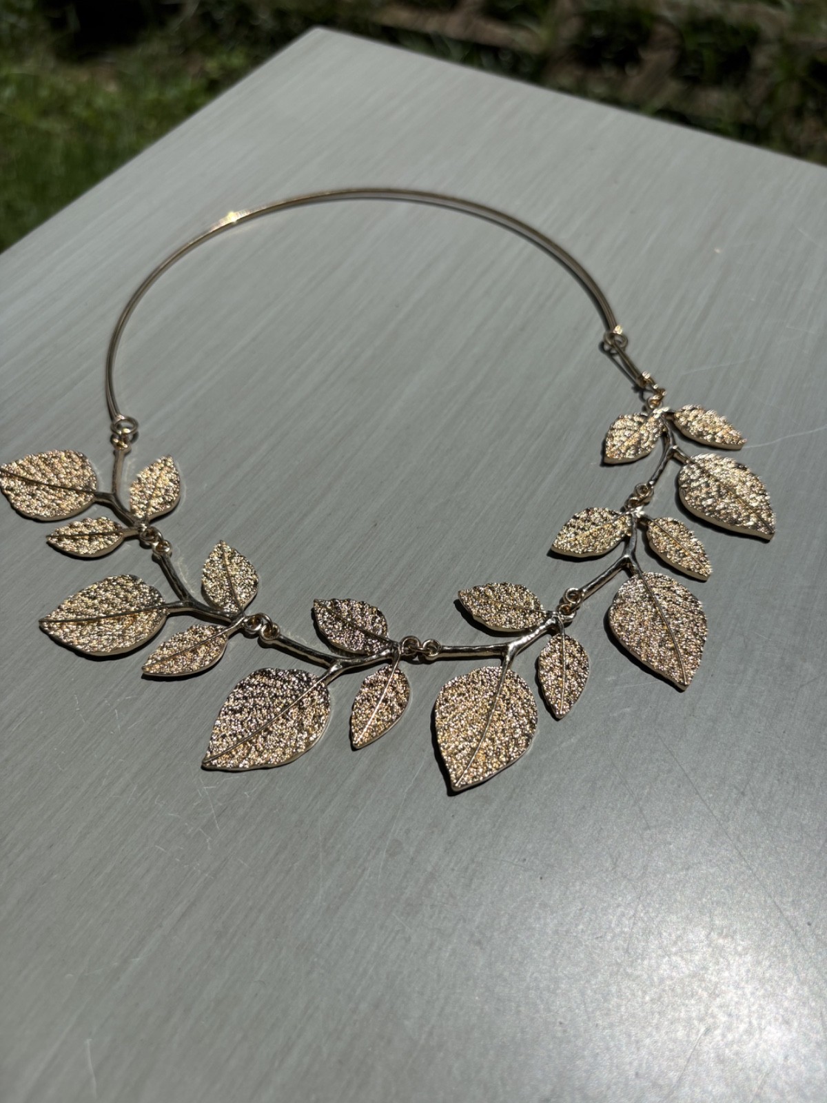 Heavy Gold Tone Leaf Choker Statement Necklace