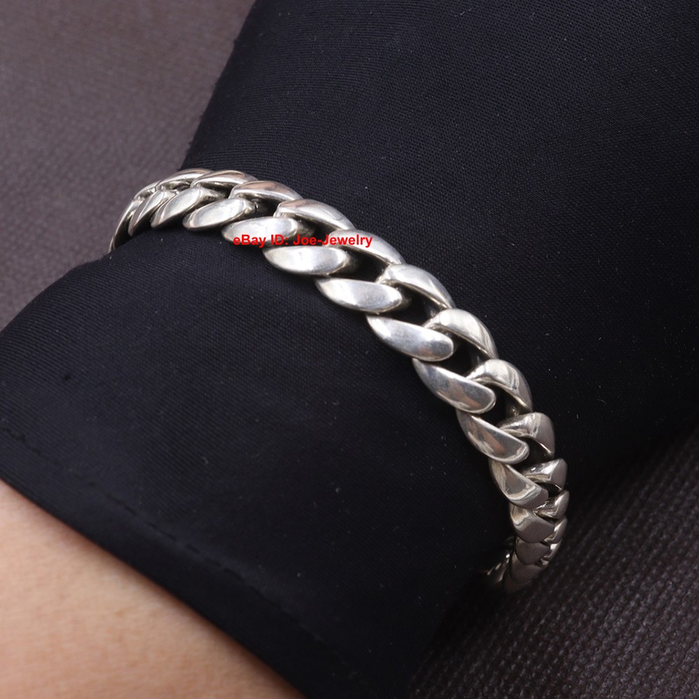 Real 925 Sterling Silver Men’s Bracelet 10mm Curb Link Chain Bracelet 8.26inch