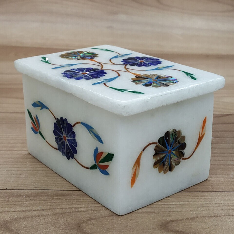 Marble jewelry box stone trinket box gift gemstone inlay pietra dura keepsake