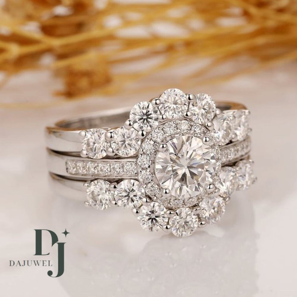 3.50 Ct Round Cut White Moissanite Trio Set Engagement Ring Solid 14K White Gold