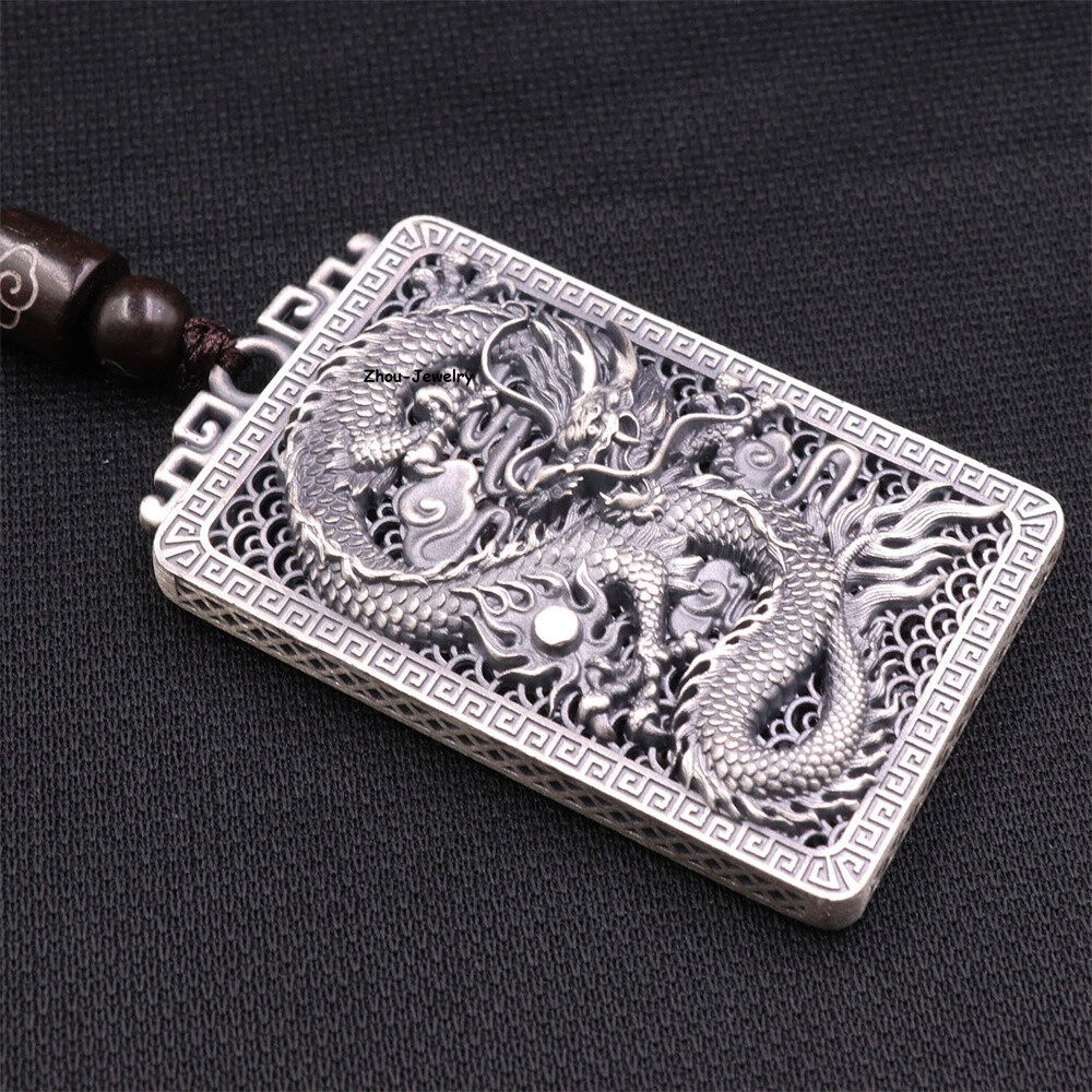 Pure S999 Sterling Silver Pendant Men Women Hollow Dragon Pendant 20-21g 50*31mm