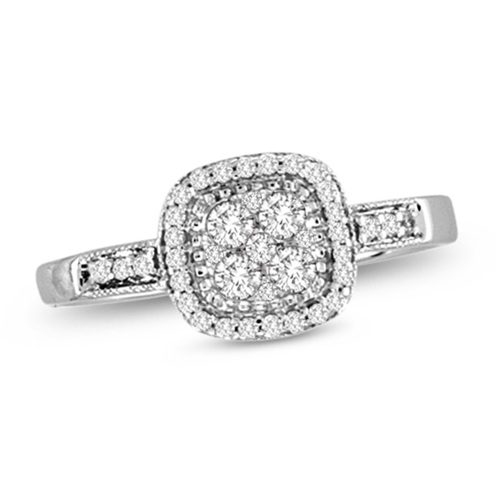 14K White Gold 0.30 CTW Round Diamond Cushion Cluster Halo Vintage Style Ring