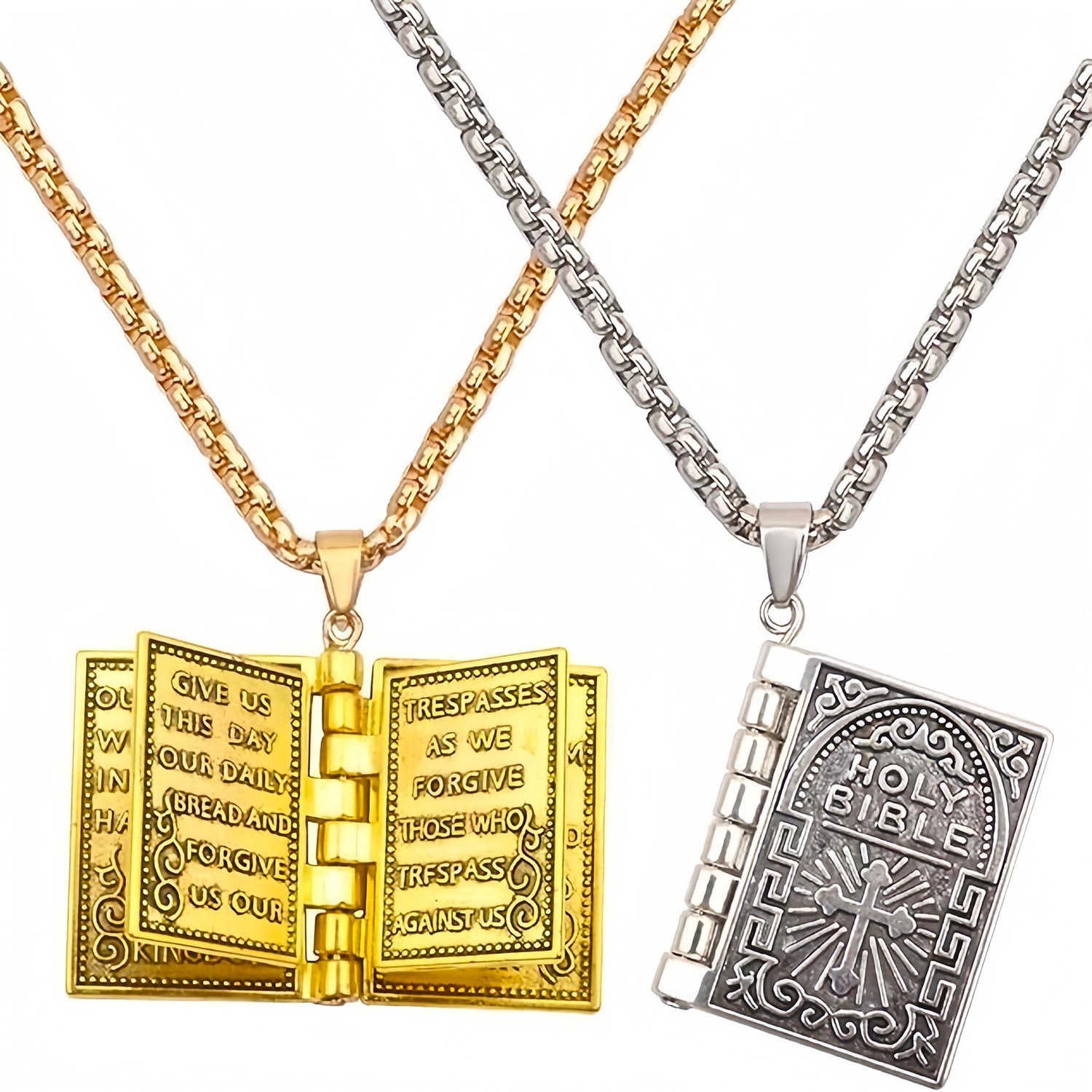 Silver Tone Hinged Bible Book Cross Pendant Necklace Religious Jewelry Unisex US
