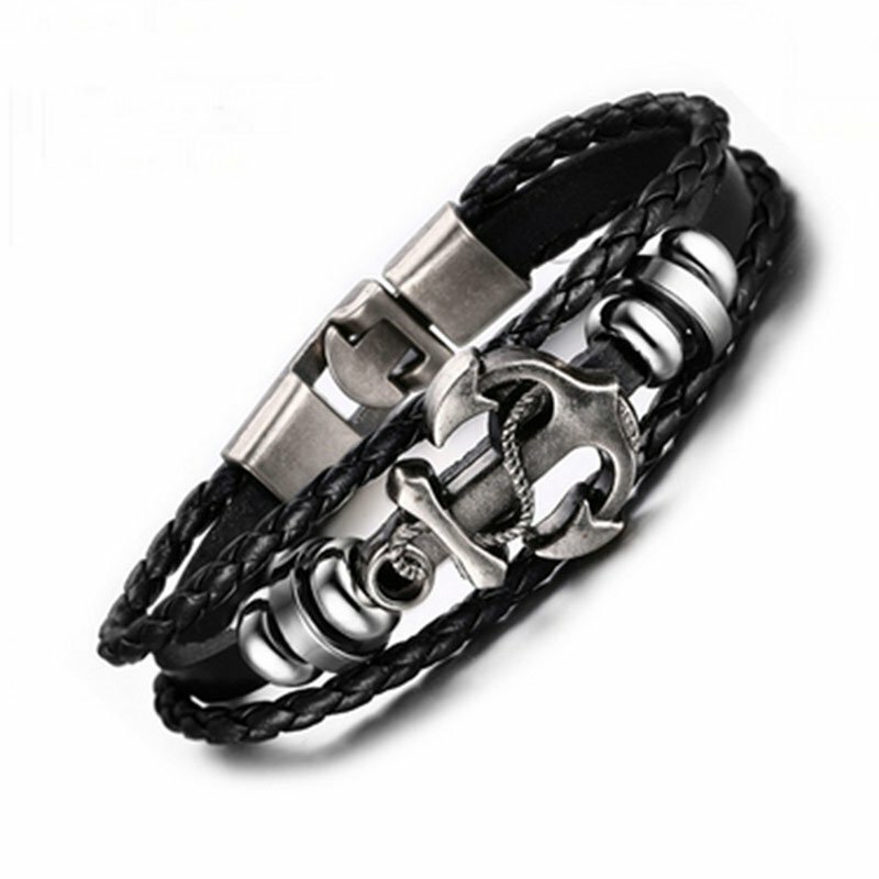 MENDEL Mens Sailor Beach Nautical Anchor Bracelet Leather Wristband Men Black