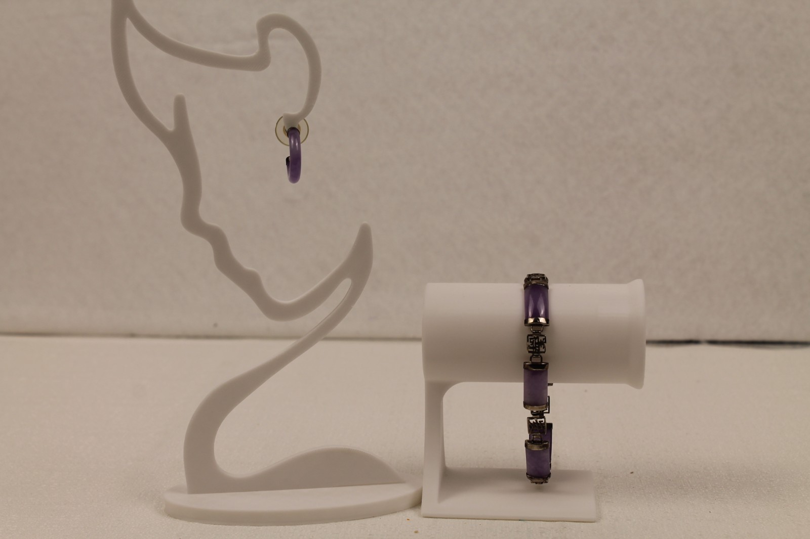 Vintage Lavender Jade Character Panel Bracelet Hoop Earrings Set