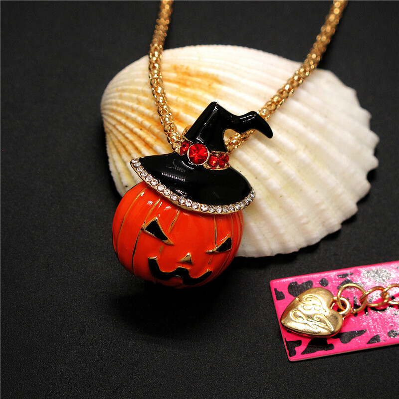 New Enamel Orange Halloween Hat Pumpkin Crystal Fashion Women Pendant Necklace