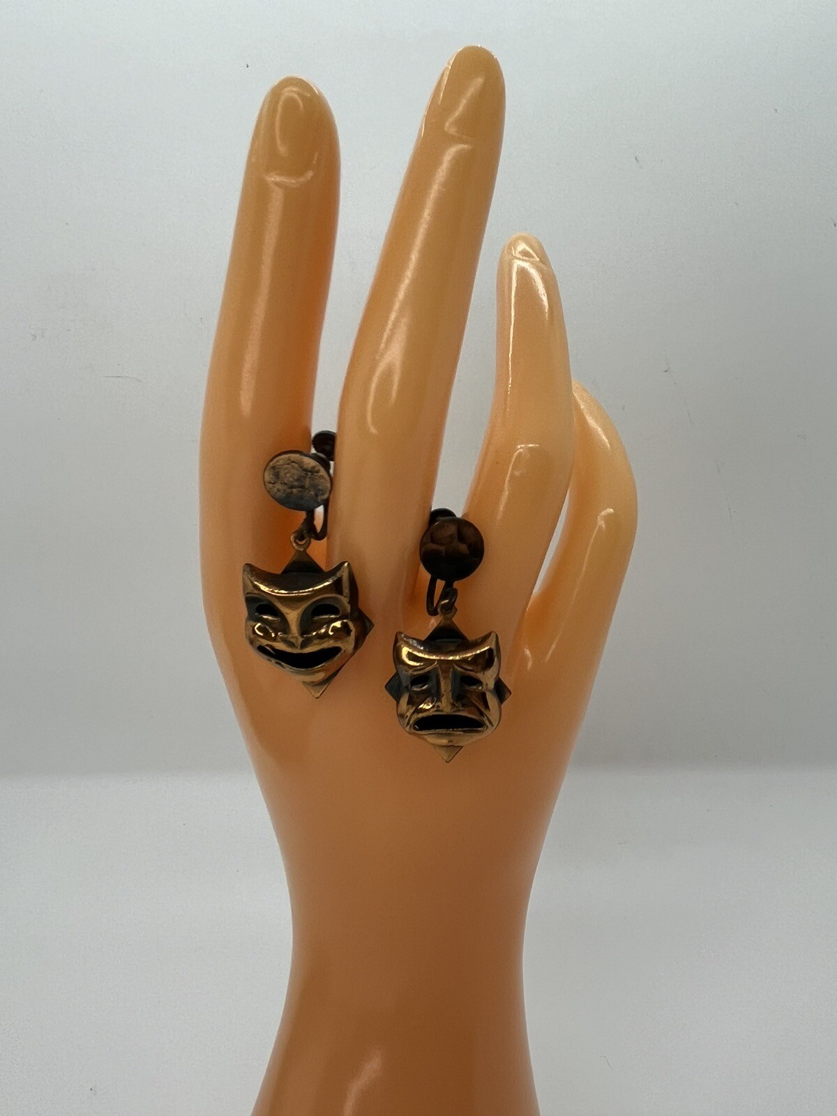 Vintage Drama Comedy & Tragedy Face Masks Copper Dangle Screwback Earrings