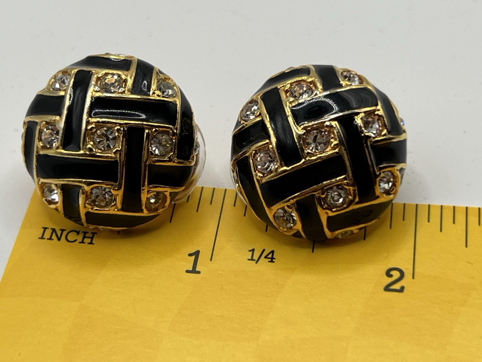 Roman golden Black Enamel Stud Clip-On Earrings Crystal Rhinestone Vintage