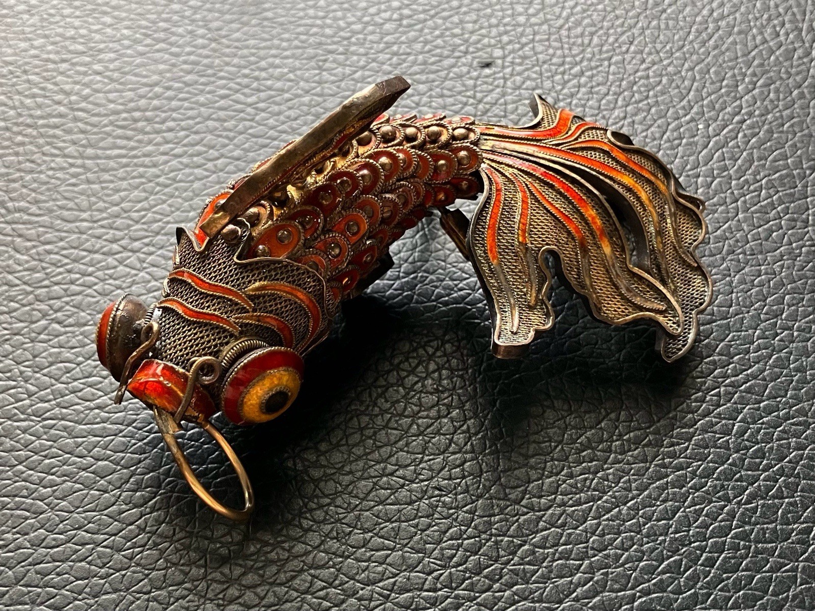 Vintage Chinese Gilt Silver Cloisonne Enamel Articulated Koi Fish Pendant 27g