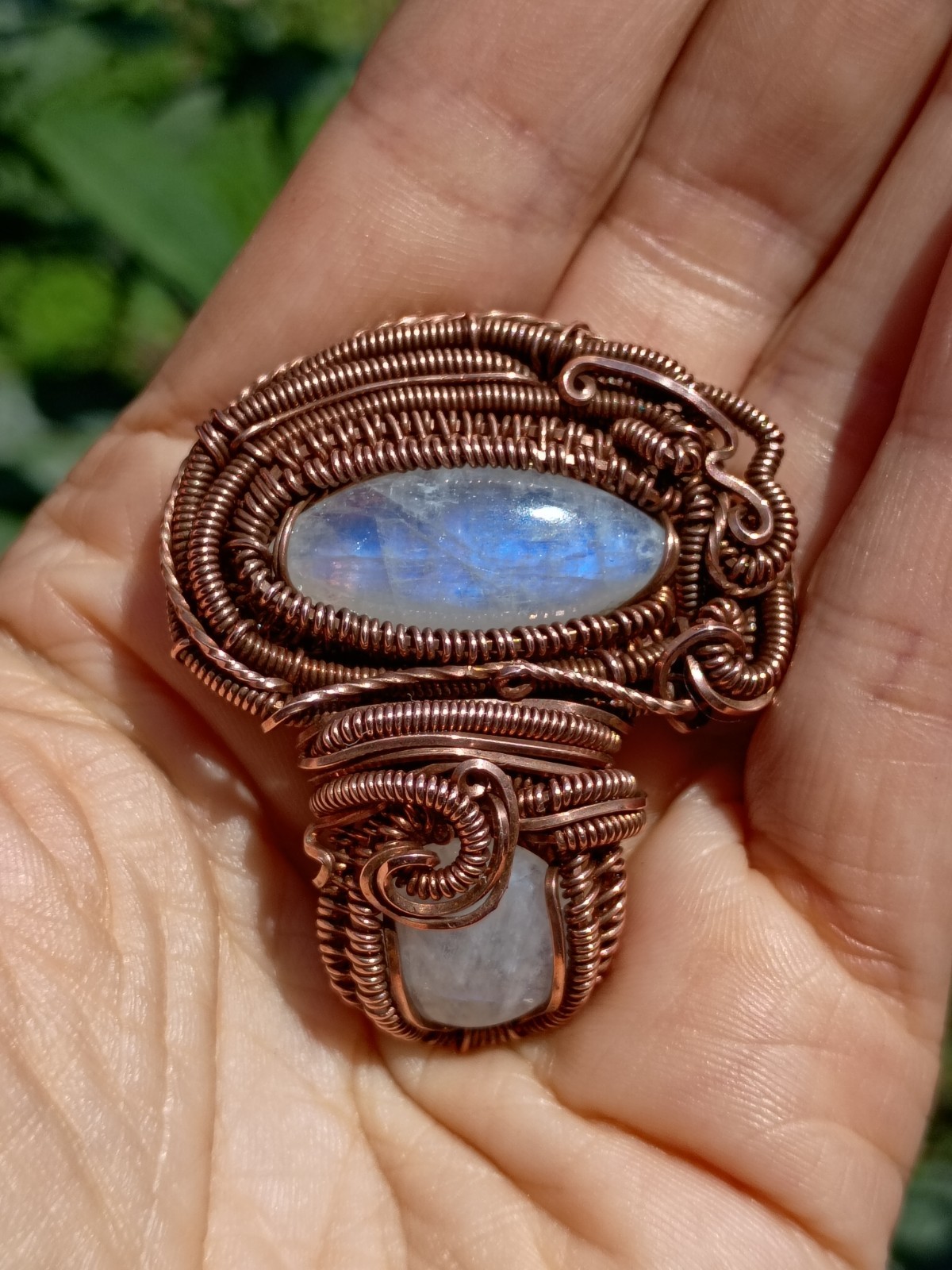 Moonstone Mushroom Pendant Copper Wirewrap Eyeball Handmade