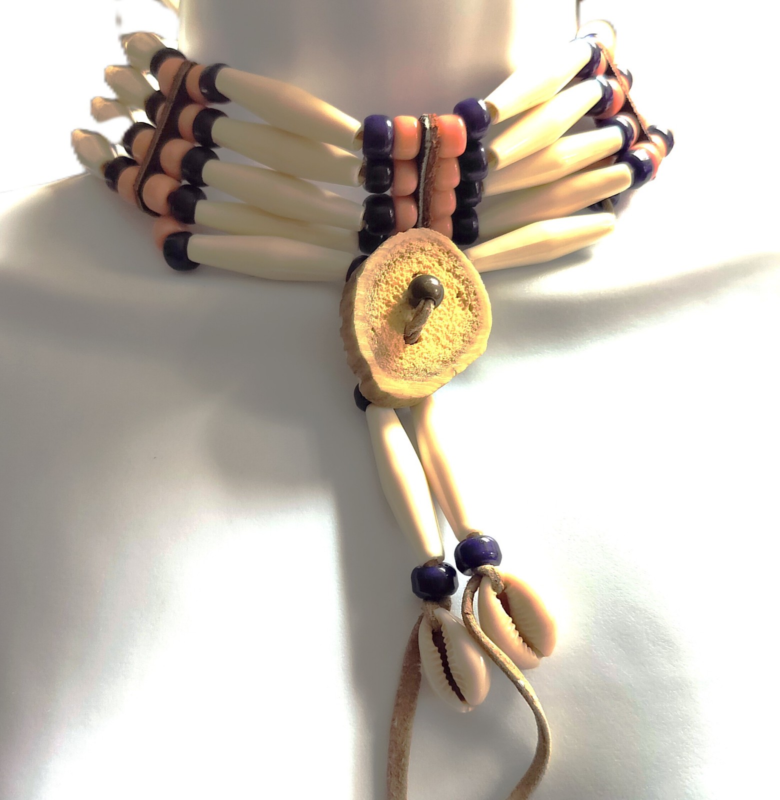 Vintage Native American Buffalo Bone Abalone Beads Leather Choker Necklace VGC!