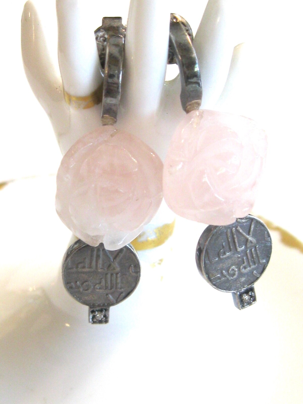 HANDMADE POST EARRINGS FLORAL CARVED ROSE QUARTZ COINS DIAMONDS MYSTERY NUMBER