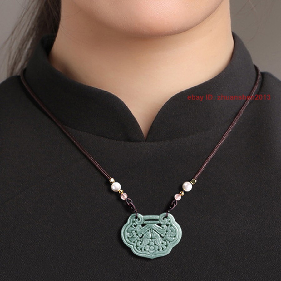 Retro Natural Grade A Jade Jadeite Women Lucky Amulet Ruyi Lock Pendant Necklace