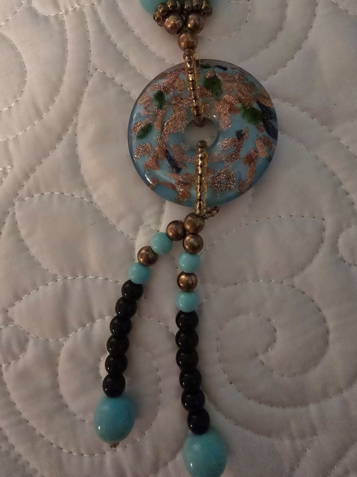Black & Turquoise Blue Beaded Necklace Large Foil Glass Pendant NWOT